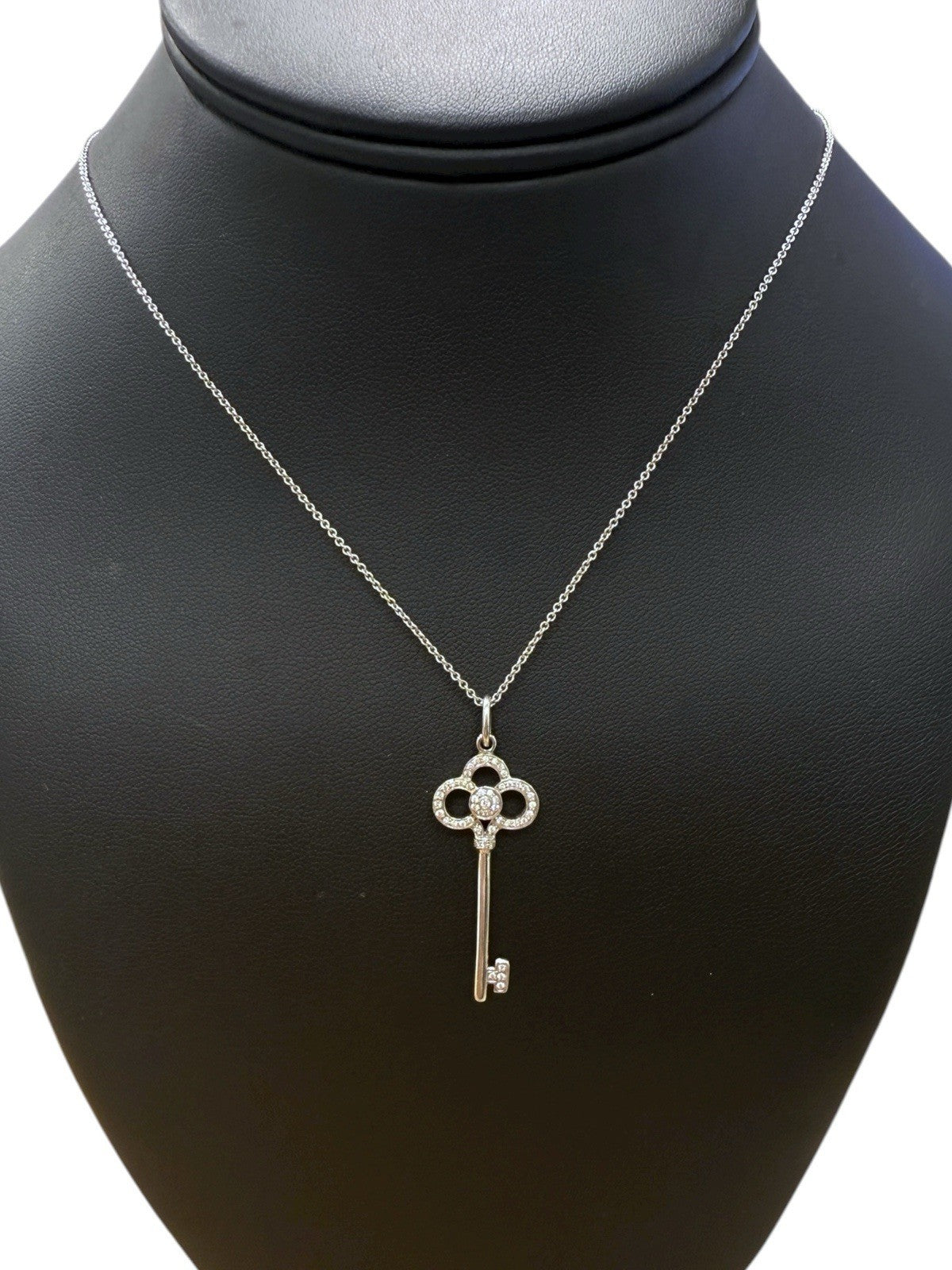 Tiffany & Co 18K White Gold & Diamond Crown Key Pendant Necklace 17”