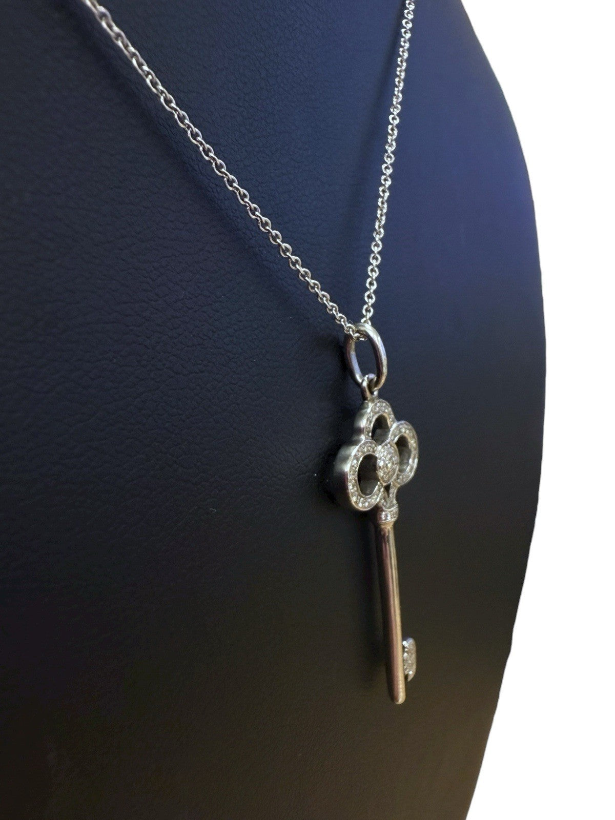 Tiffany & Co 18K White Gold & Diamond Crown Key Pendant Necklace 17”