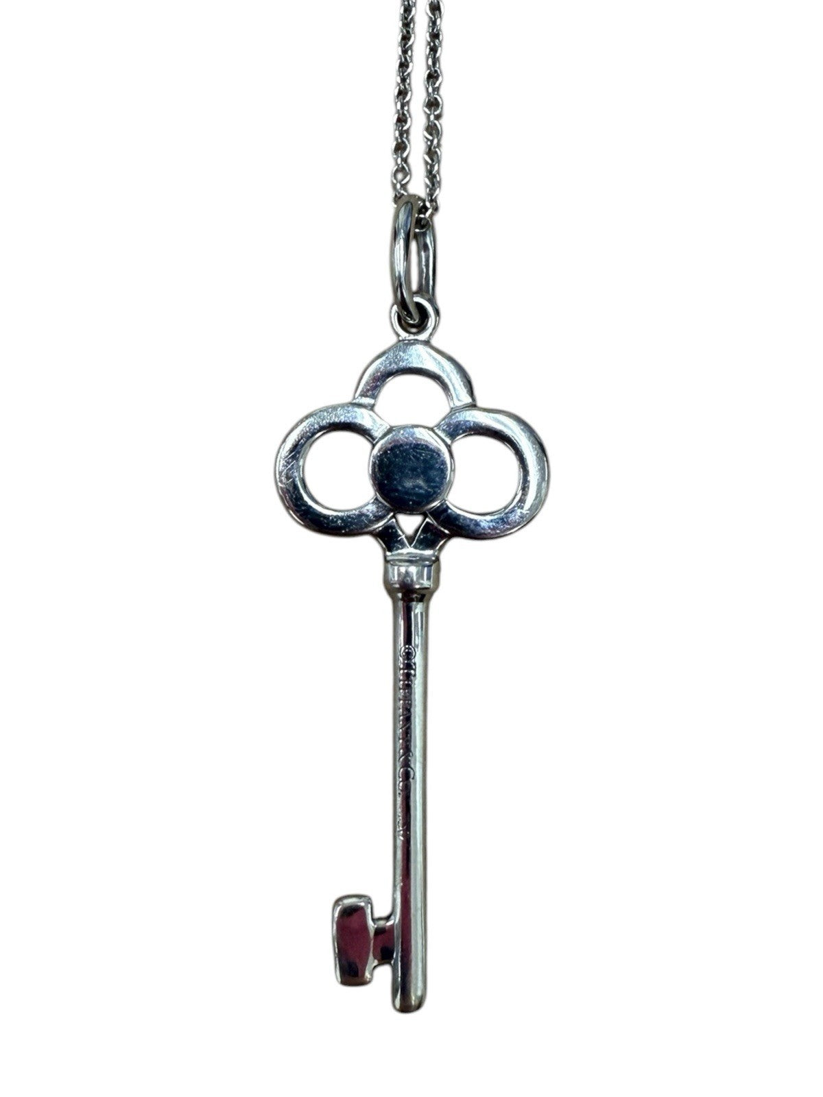 Tiffany & Co 18K White Gold & Diamond Crown Key Pendant Necklace 17”