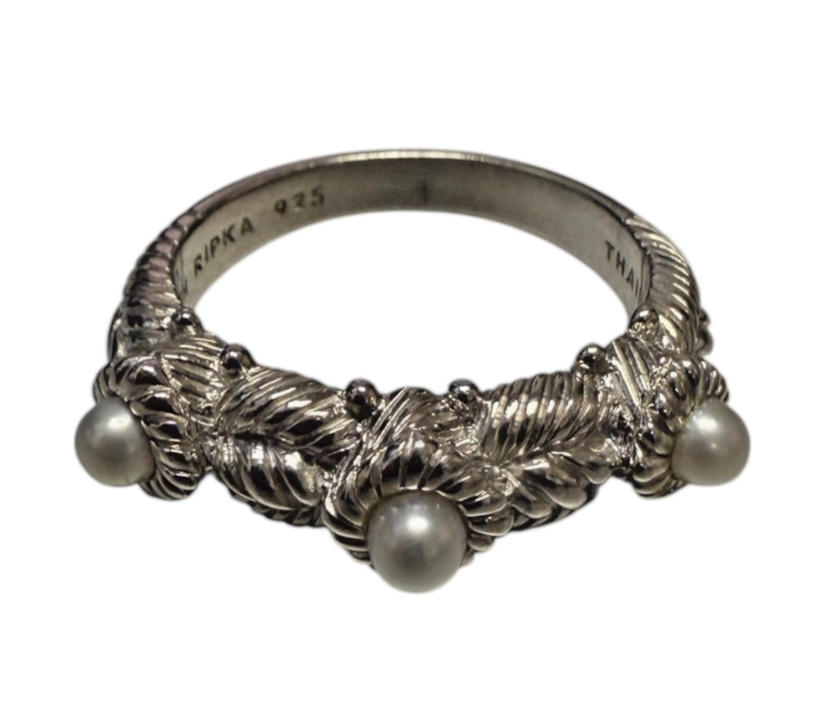 Judith Ripka 925 Sterling Silver Pearl Cable Ring Size 9
