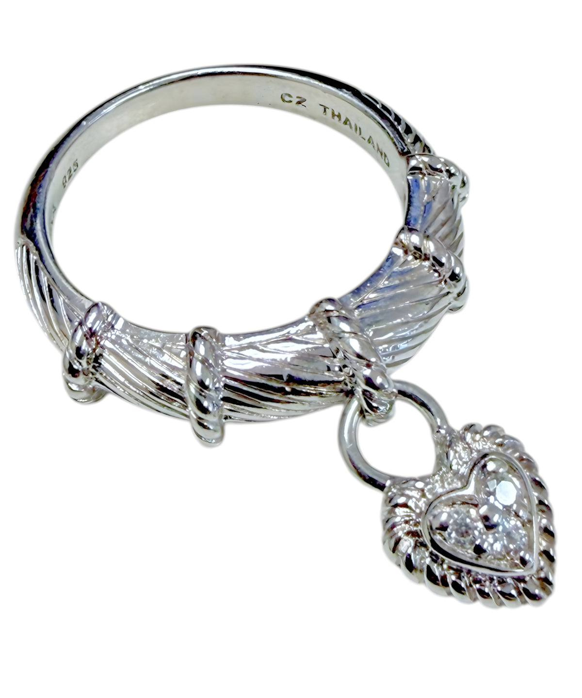Judith Ripka 925 Sterling Silver CZ Heart Charm Ring Size 10 Cable Band