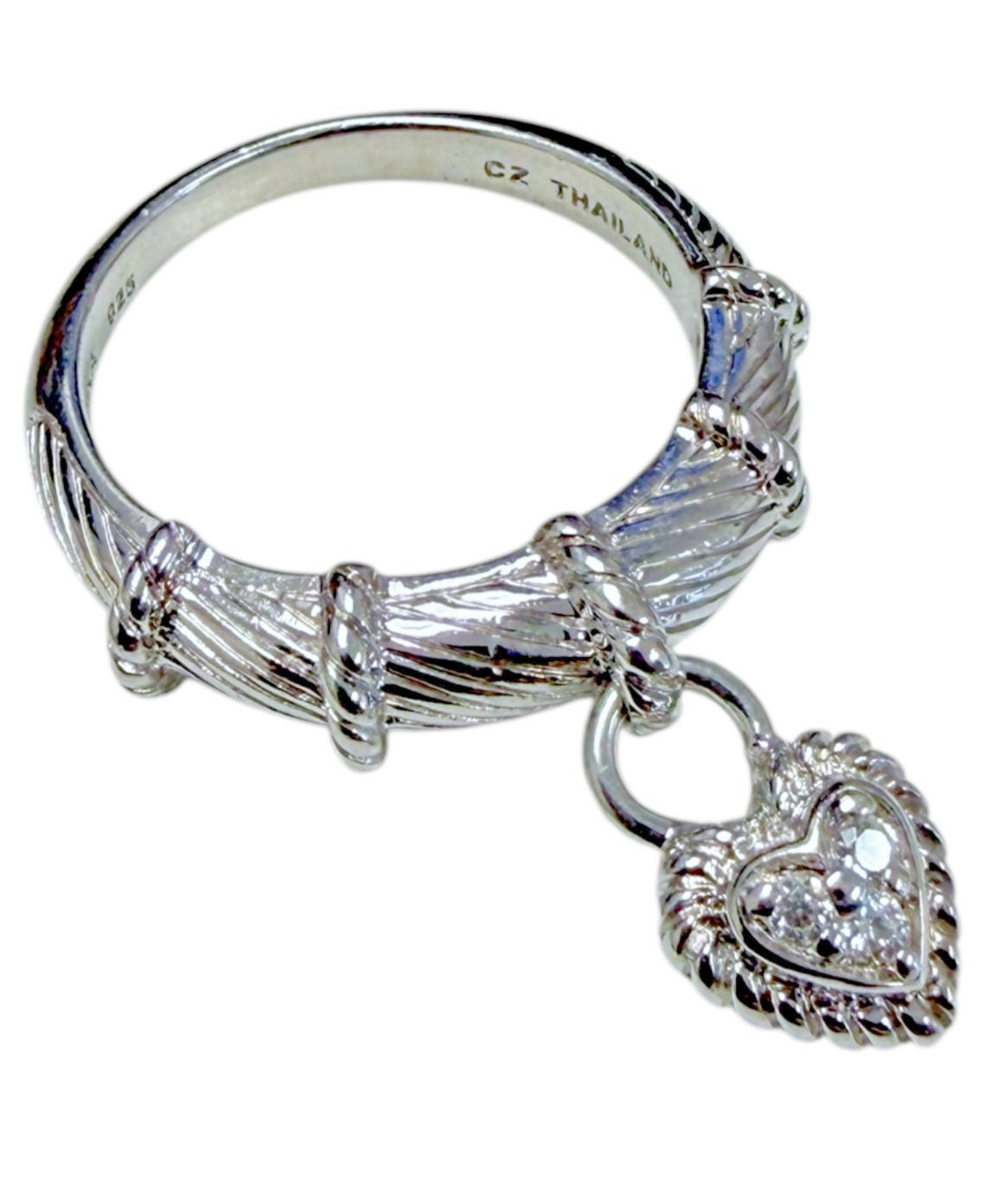 Judith Ripka 925 Sterling Silver CZ Heart Charm Ring Size 10 Cable Band