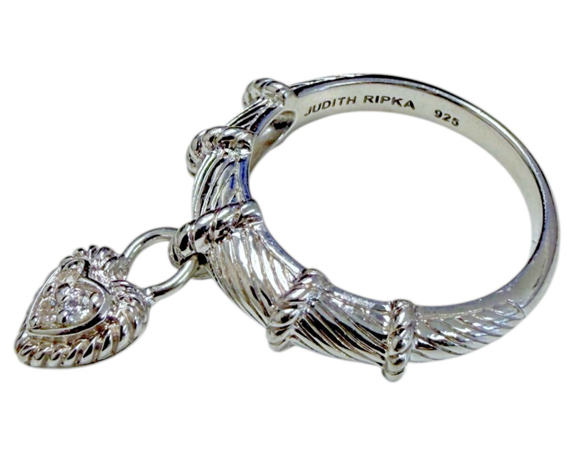 Judith Ripka 925 Sterling Silver CZ Heart Charm Ring Size 10 Cable Band