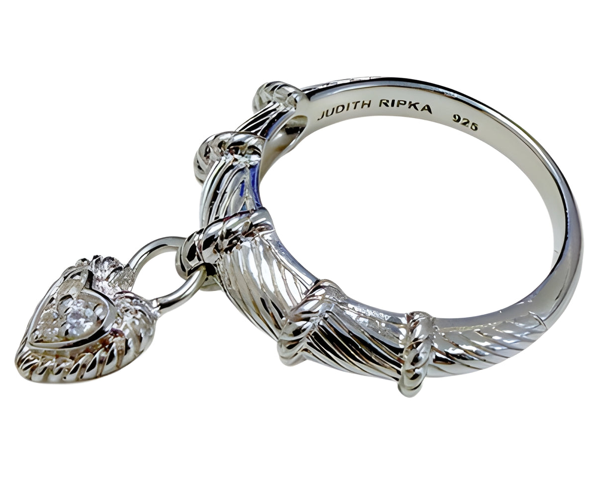 Judith Ripka 925 Sterling Silver CZ Heart Charm Ring Size 10 Cable Band