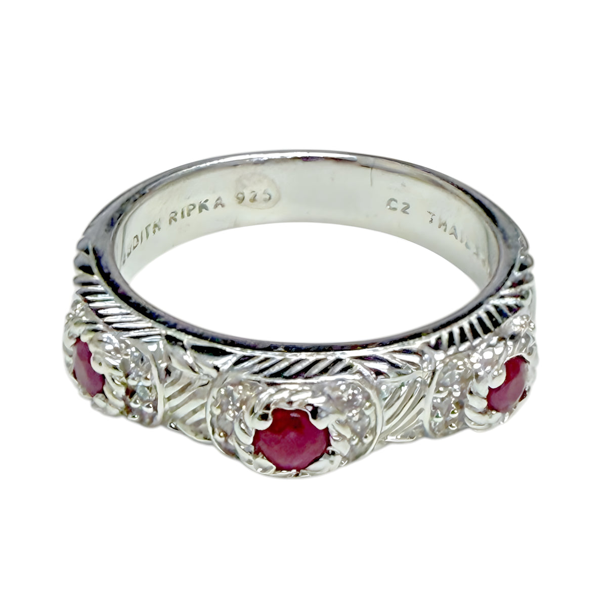Judith Ripka 925 Sterling Silver Ruby Ring Size 9 Cable Bezel Designer