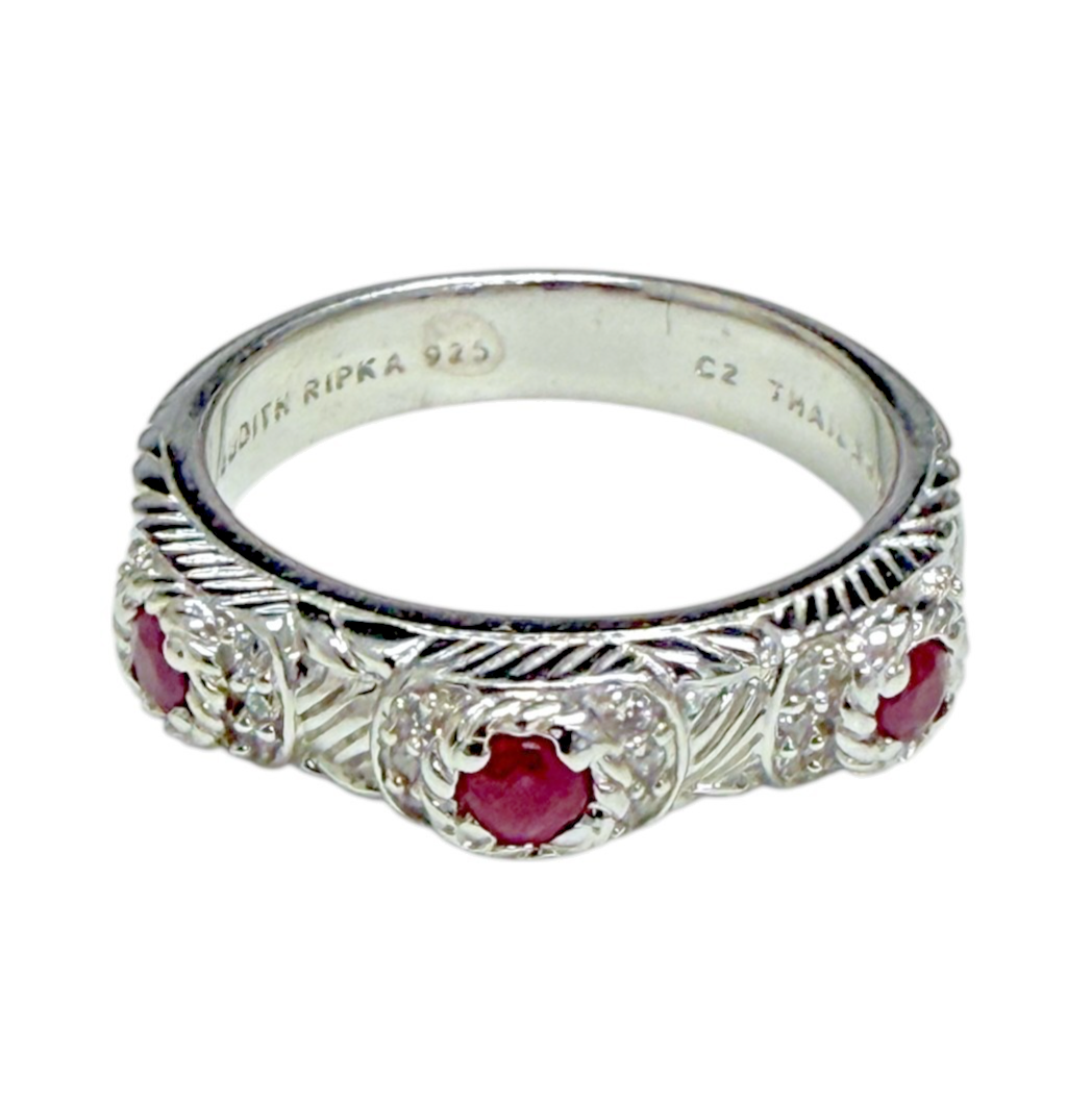 Judith Ripka 925 Sterling Silver Ruby Ring Size 9 Cable Bezel Designer