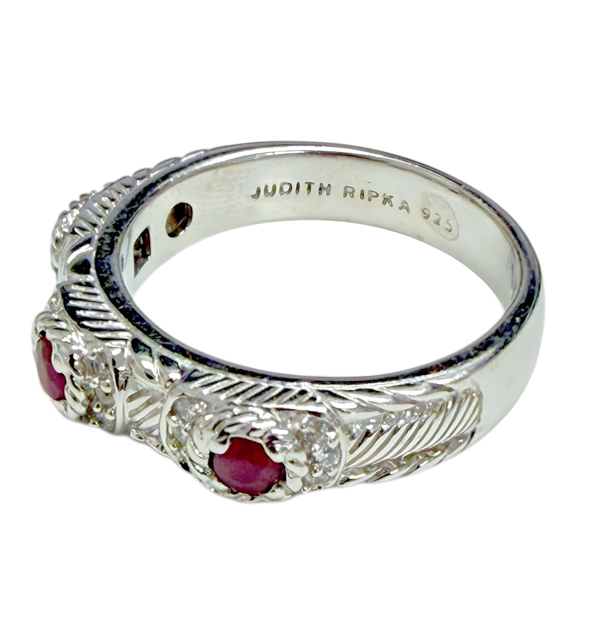 Judith Ripka 925 Sterling Silver Ruby Ring Size 9 Cable Bezel Designer