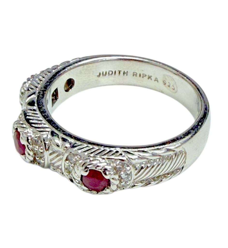 Judith Ripka 925 Sterling Silver Ruby Ring Size 9 Cable Bezel Designer