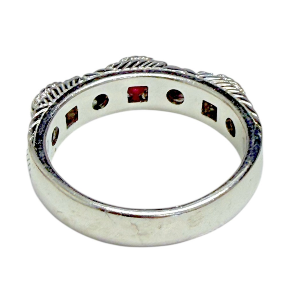 Judith Ripka 925 Sterling Silver Ruby Ring Size 9 Cable Bezel Designer