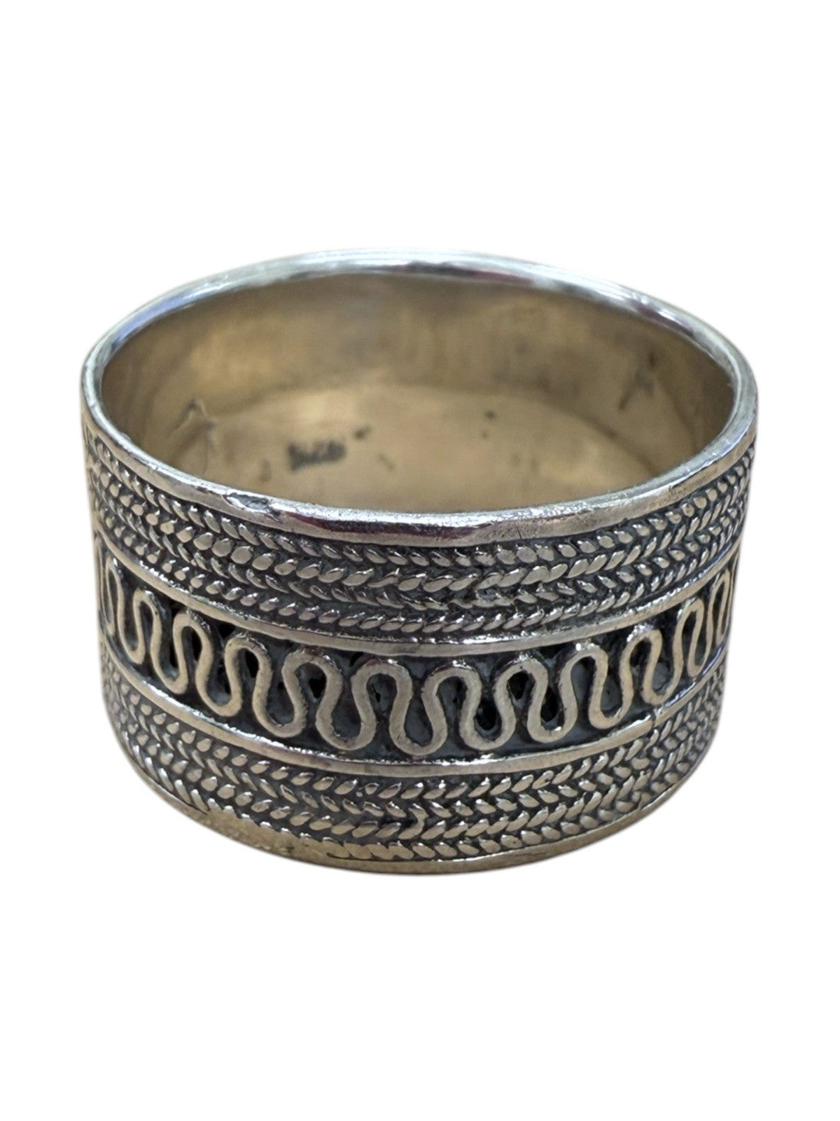 Sterling Silver Looped Wheat Cable Trimmed Flat Sided Cuff Band Ring