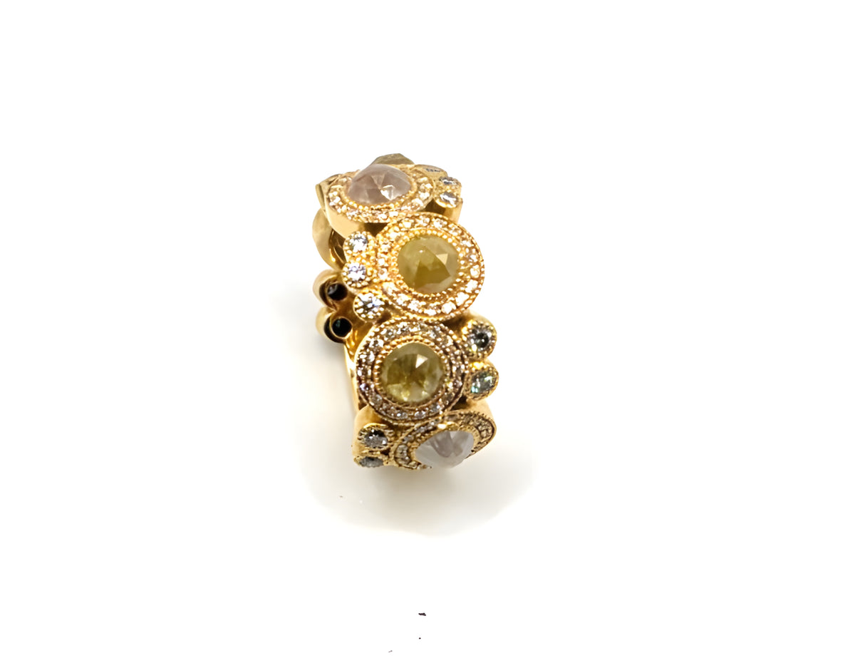 18K Yellow Gold Rose Cut Diamond Wide Band Ring Size 6 11.9g Statement