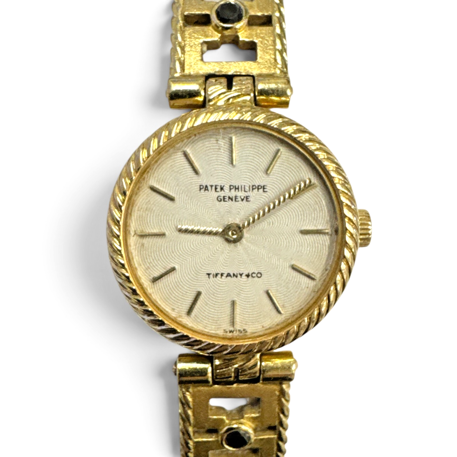 Rare Patek Philippe Tiffany & Co 18K Gold Ladies Watch with Blue Diamond Accents