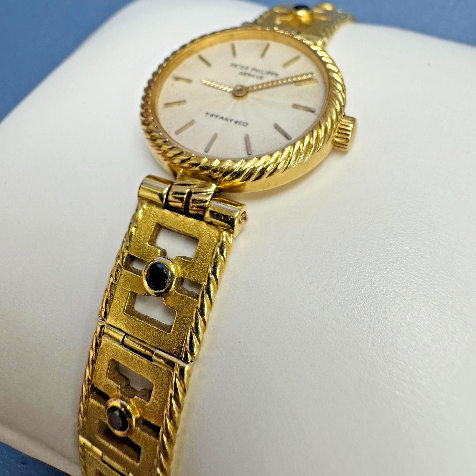Rare Patek Philippe Tiffany & Co 18K Gold Ladies Watch with Blue Diamond Accents