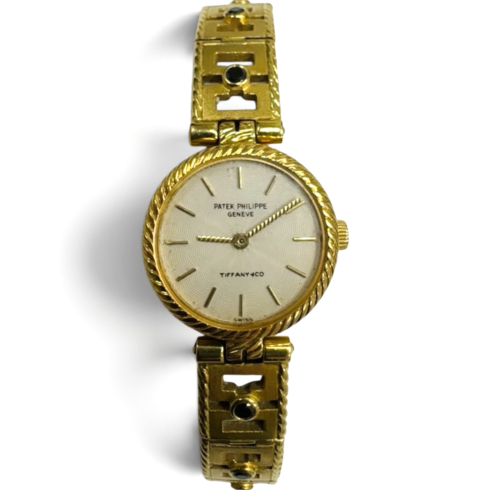 Rare Patek Philippe Tiffany & Co 18K Gold Ladies Watch with Blue Diamond Accents