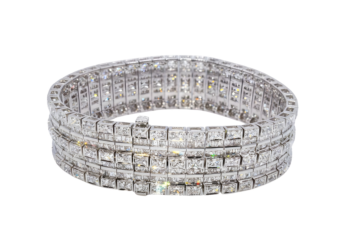 18K White Gold Baguette & Round Diamond Wide Statement Bracelet