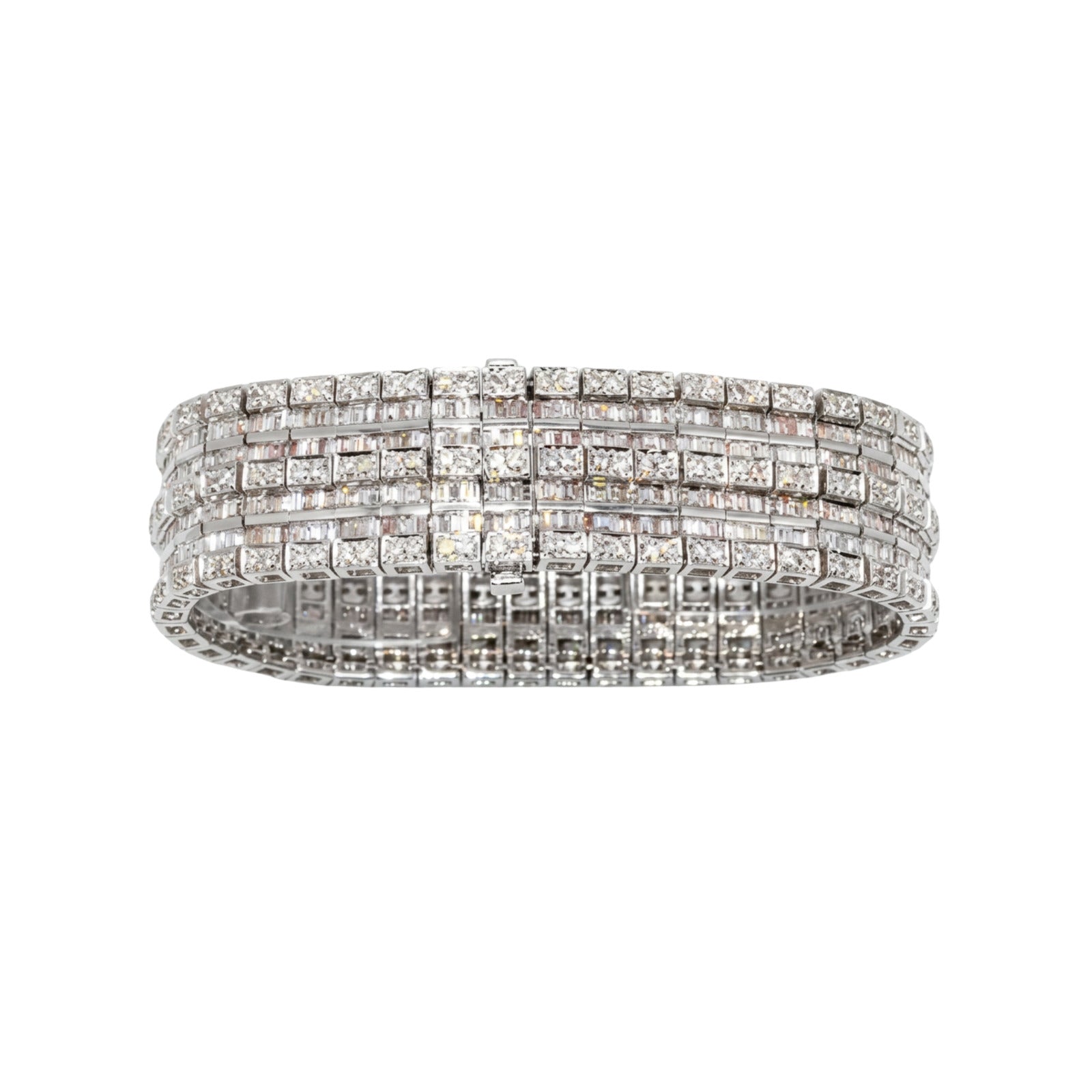 18K White Gold Baguette & Round Diamond Wide Statement Bracelet