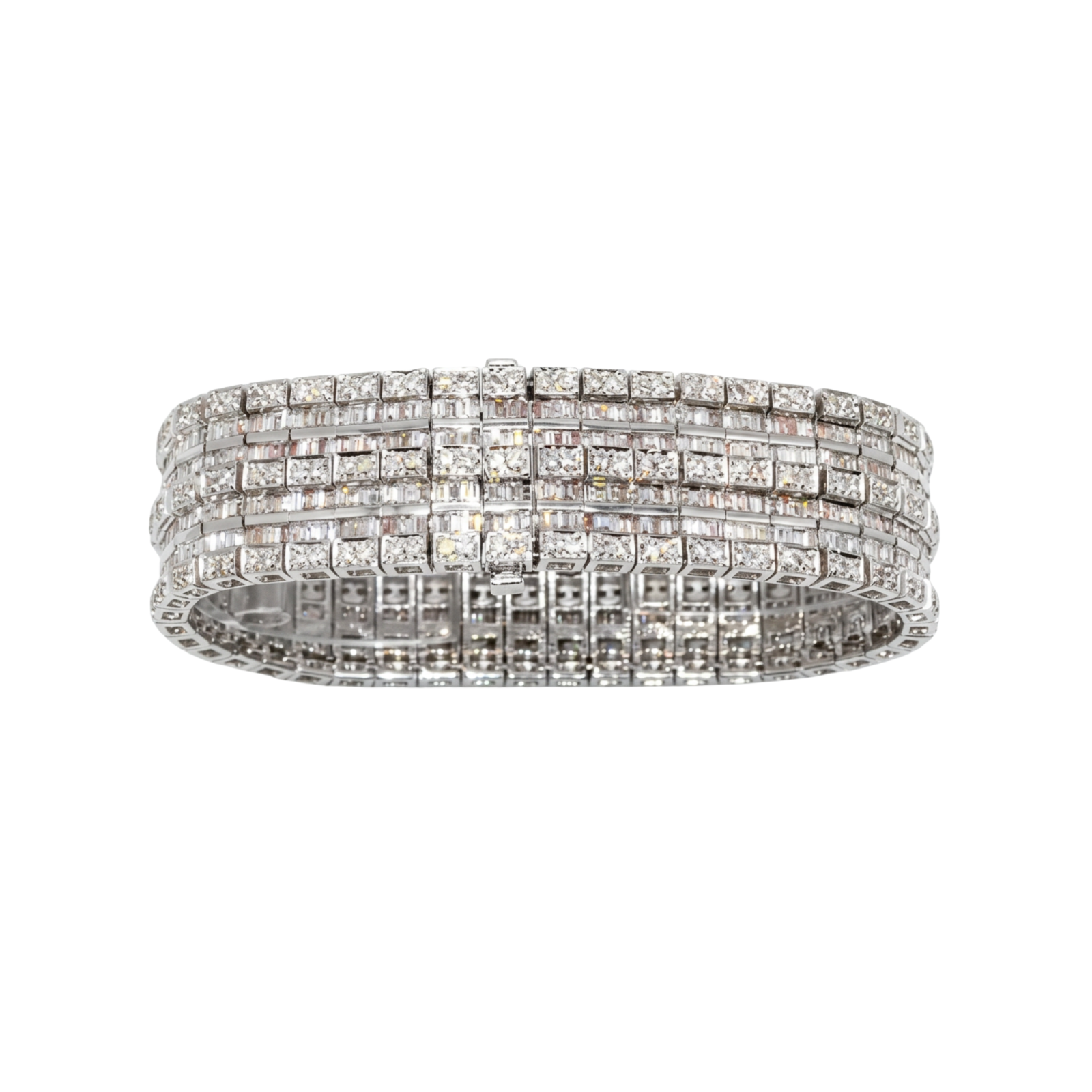 18K White Gold Baguette & Round Diamond Wide Statement Bracelet