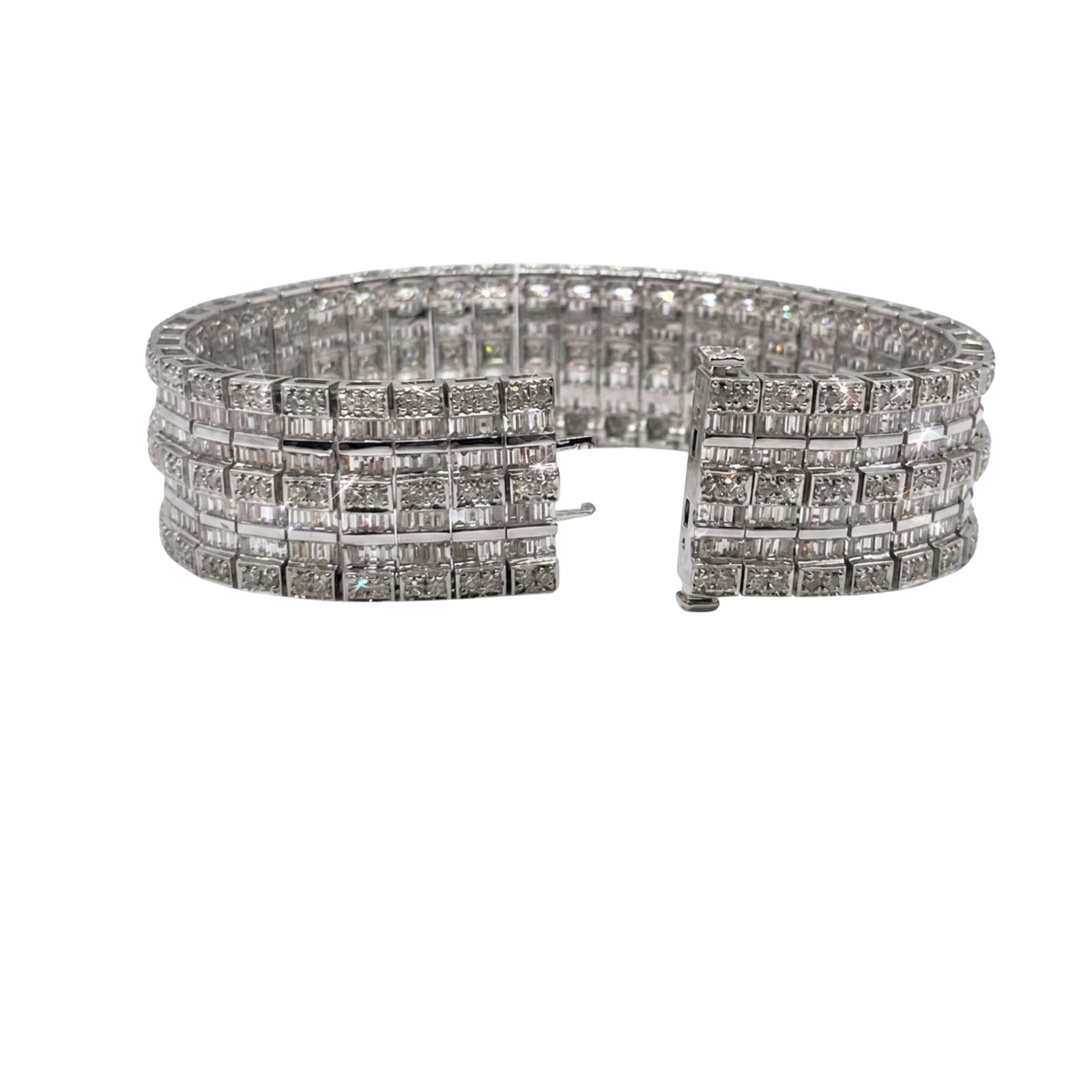 18K White Gold Baguette & Round Diamond Wide Statement Bracelet