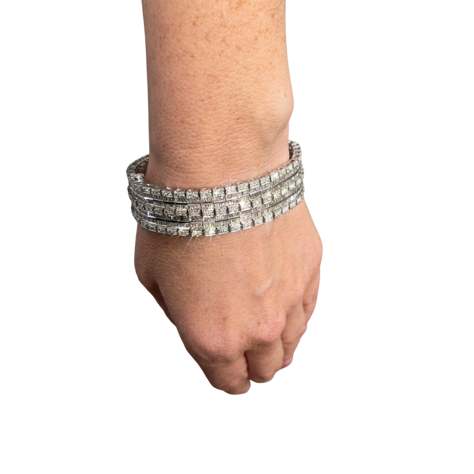 18K White Gold Baguette & Round Diamond Wide Statement Bracelet