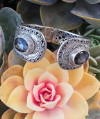 SARDA 925 Sterling Silver Gray Gemstone Hinged Cuff Bracelet Indonesia