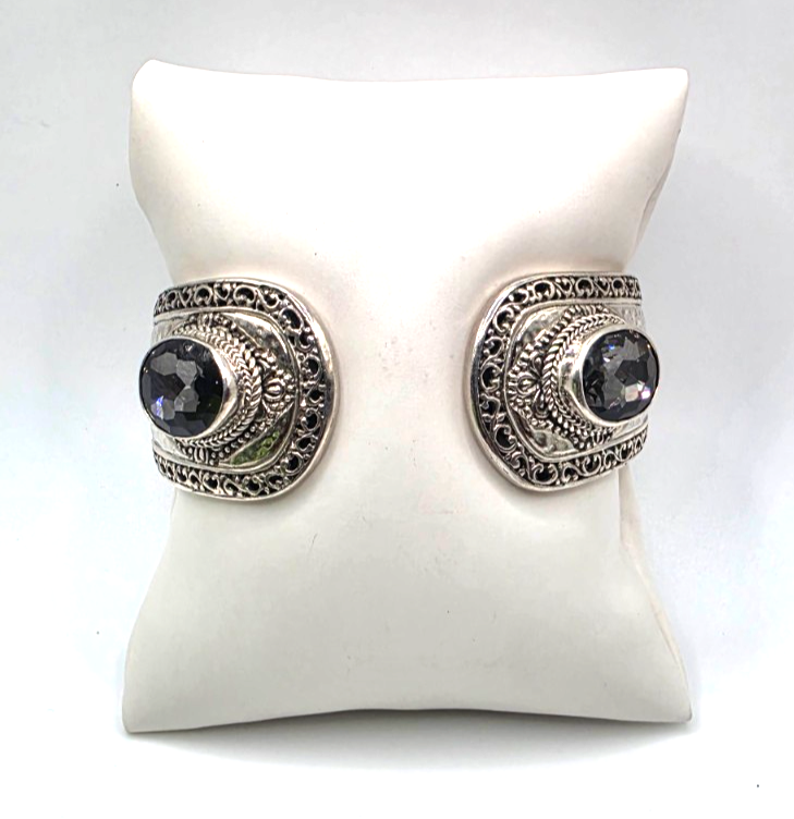SARDA 925 Sterling Silver Gray Gemstone Hinged Cuff Bracelet Indonesia