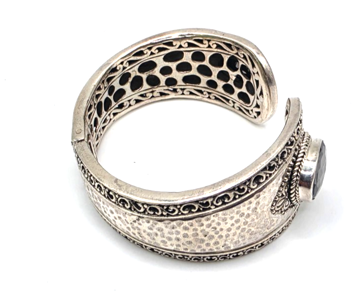SARDA 925 Sterling Silver Gray Gemstone Hinged Cuff Bracelet Indonesia