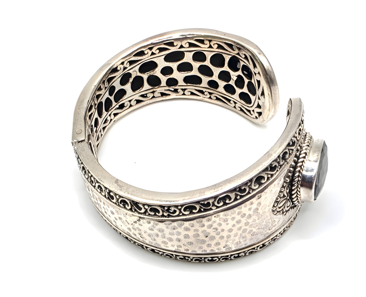 SARDA 925 Sterling Silver Gray Gemstone Hinged Cuff Bracelet Indonesia