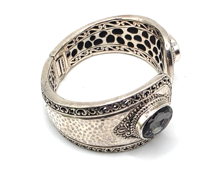 SARDA 925 Sterling Silver Gray Gemstone Hinged Cuff Bracelet Indonesia