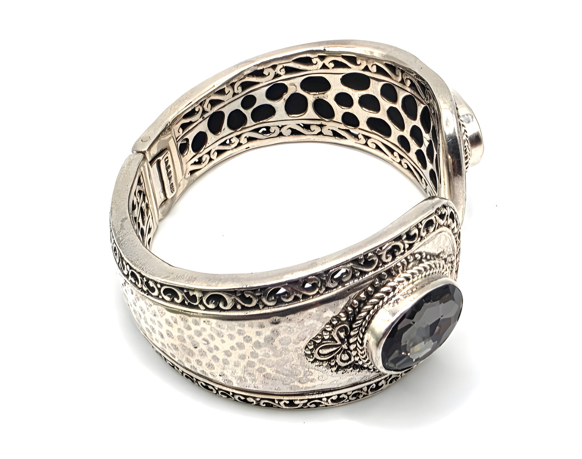SARDA 925 Sterling Silver Gray Gemstone Hinged Cuff Bracelet Indonesia