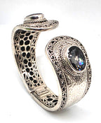 SARDA 925 Sterling Silver Gray Gemstone Hinged Cuff Bracelet Indonesia