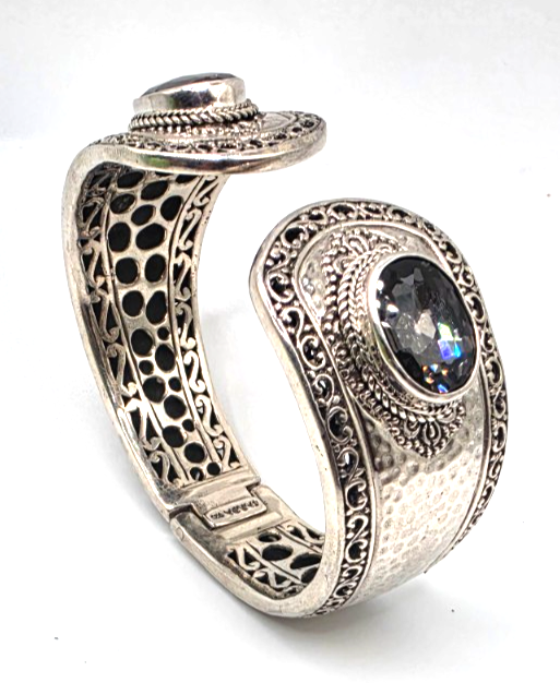 SARDA 925 Sterling Silver Gray Gemstone Hinged Cuff Bracelet Indonesia