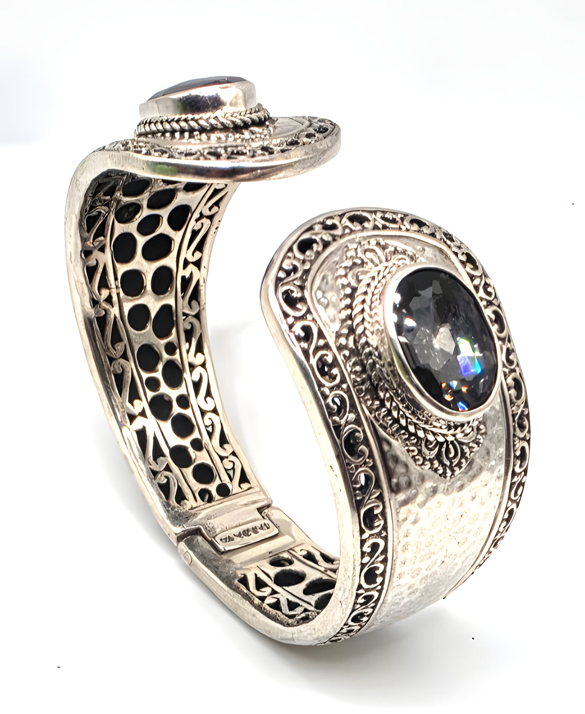 SARDA 925 Sterling Silver Gray Gemstone Hinged Cuff Bracelet Indonesia
