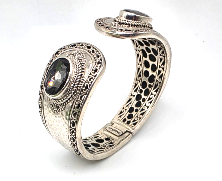 SARDA 925 Sterling Silver Gray Gemstone Hinged Cuff Bracelet Indonesia