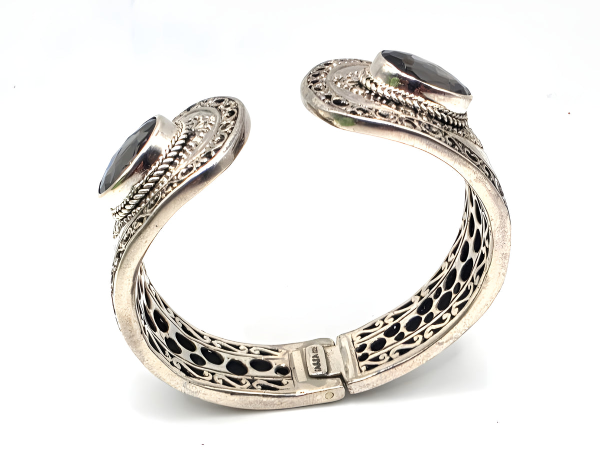 SARDA 925 Sterling Silver Gray Gemstone Hinged Cuff Bracelet Indonesia