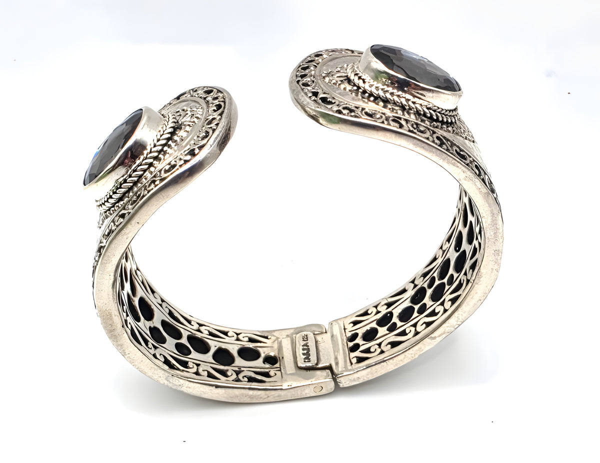 SARDA 925 Sterling Silver Gray Gemstone Hinged Cuff Bracelet Indonesia