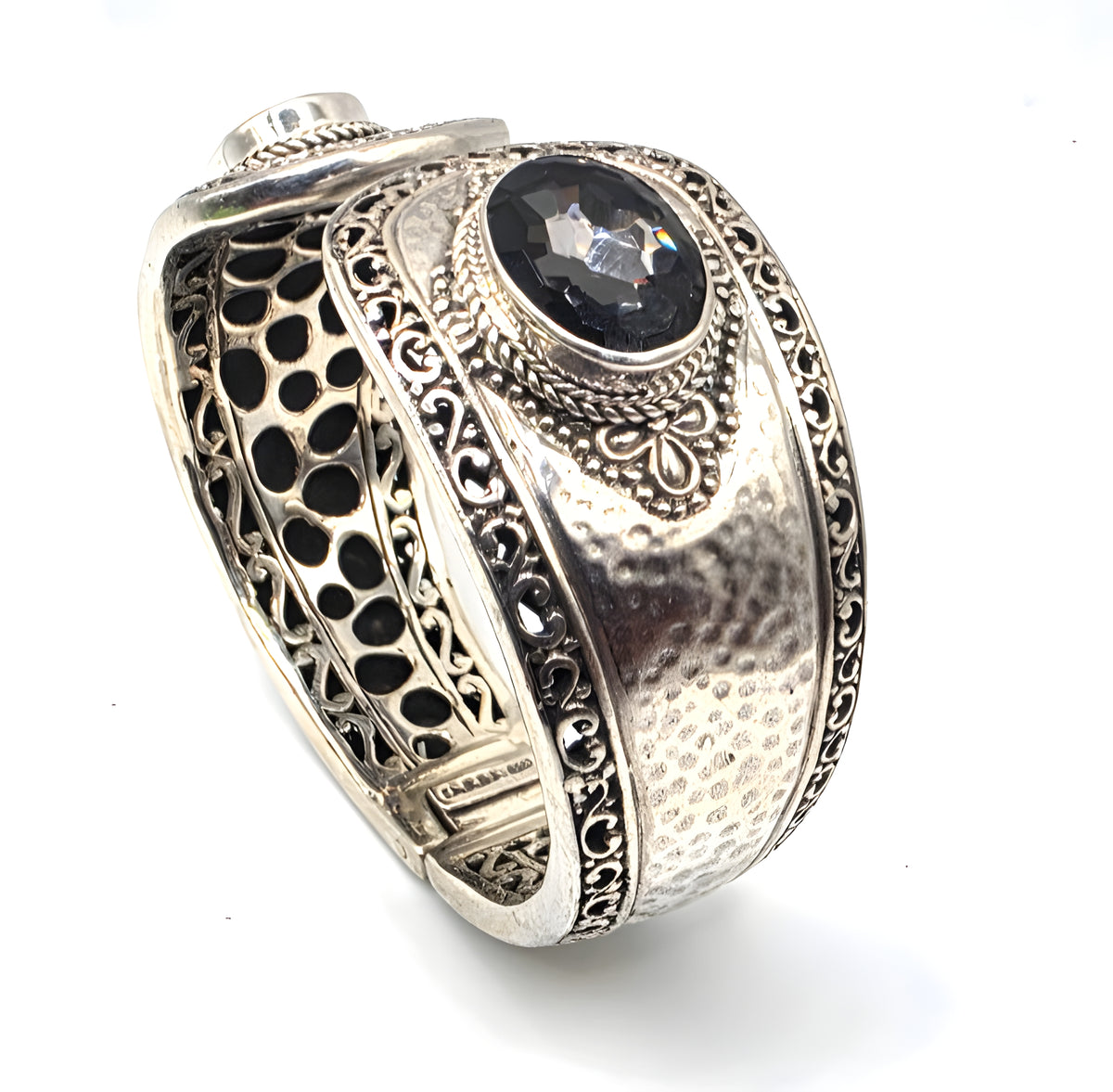 SARDA 925 Sterling Silver Gray Gemstone Hinged Cuff Bracelet Indonesia
