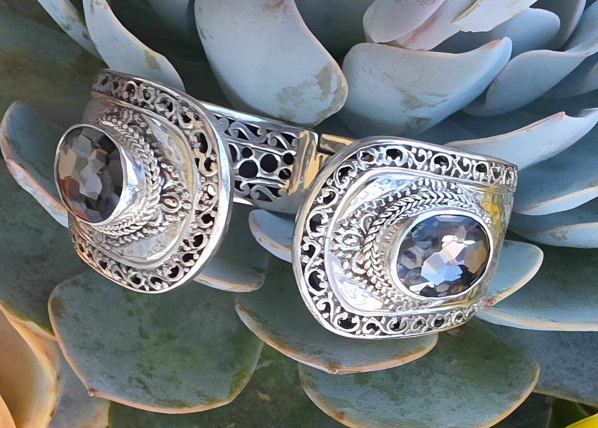 SARDA 925 Sterling Silver Gray Gemstone Hinged Cuff Bracelet Indonesia