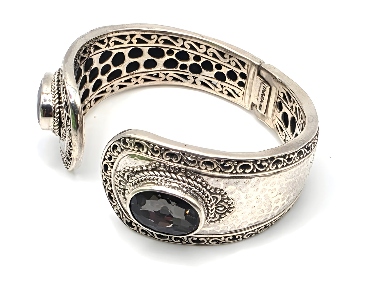 SARDA 925 Sterling Silver Gray Gemstone Hinged Cuff Bracelet Indonesia