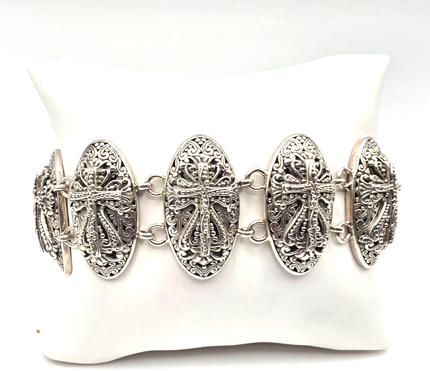 Sarda 925 Sterling Silver Dragonfly Wide Link Bracelet 67.7g Artisan Toggle