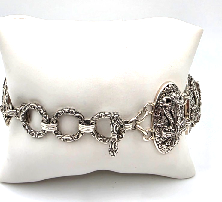 Sarda 925 Sterling Silver Dragonfly Wide Link Bracelet 67.7g Artisan Toggle