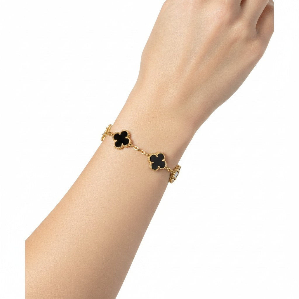 Van Cleef & Arpels Alhambra 5 Motif Black Onyx 18K Yellow Gold Bracelet