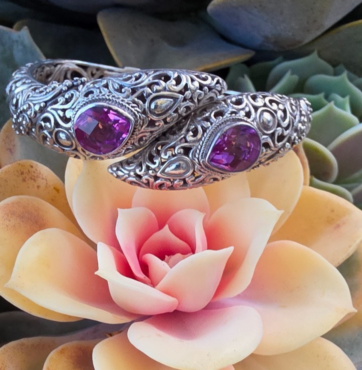 SARDA 925 Sterling Silver Purple Gemstone Bypass Hinged Cuff Bracelet NWOT