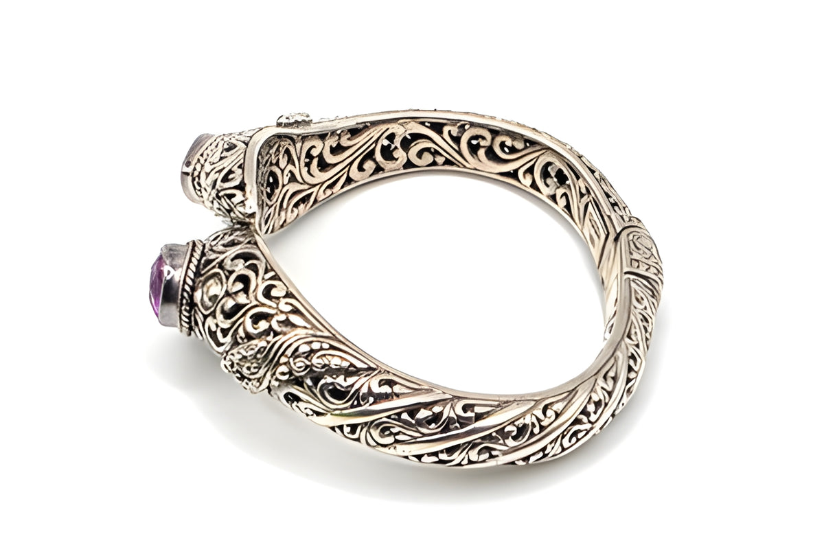 SARDA 925 Sterling Silver Purple Gemstone Bypass Hinged Cuff Bracelet NWOT