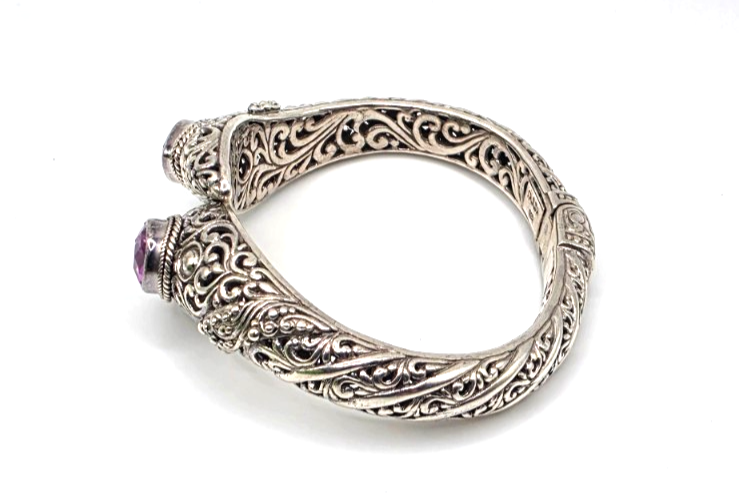 SARDA 925 Sterling Silver Purple Gemstone Bypass Hinged Cuff Bracelet NWOT