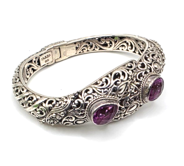 SARDA 925 Sterling Silver Purple Gemstone Bypass Hinged Cuff Bracelet NWOT