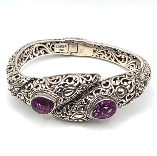 SARDA 925 Sterling Silver Purple Gemstone Bypass Hinged Cuff Bracelet NWOT
