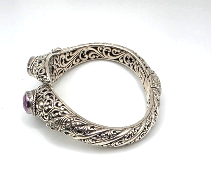SARDA 925 Sterling Silver Purple Gemstone Bypass Hinged Cuff Bracelet NWOT
