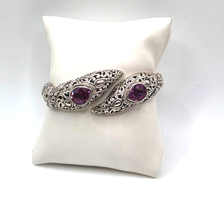 SARDA 925 Sterling Silver Purple Gemstone Bypass Hinged Cuff Bracelet NWOT