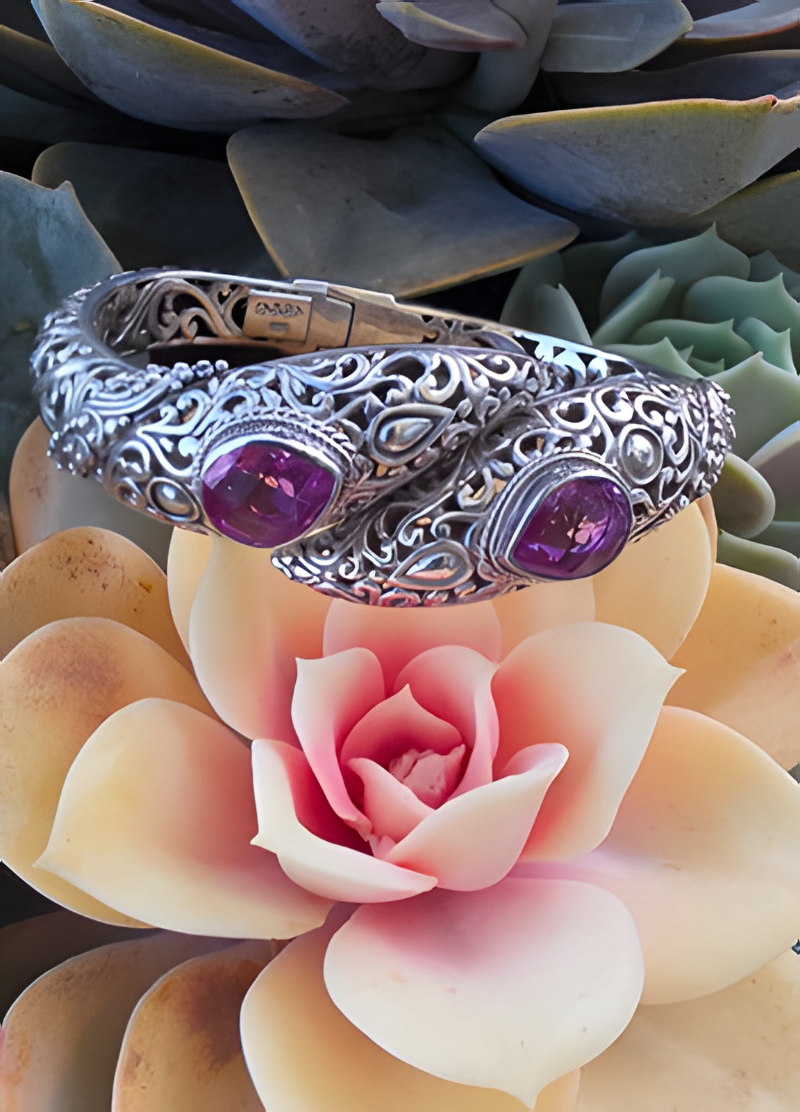 SARDA 925 Sterling Silver Purple Gemstone Bypass Hinged Cuff Bracelet NWOT
