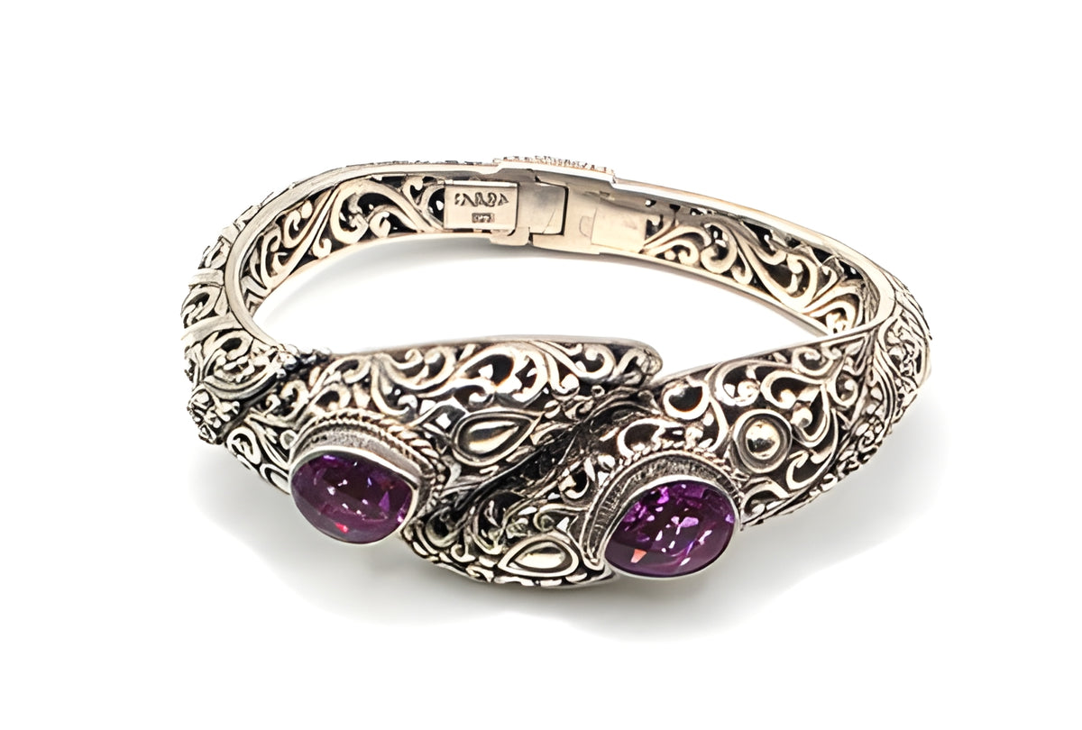 SARDA 925 Sterling Silver Purple Gemstone Bypass Hinged Cuff Bracelet NWOT